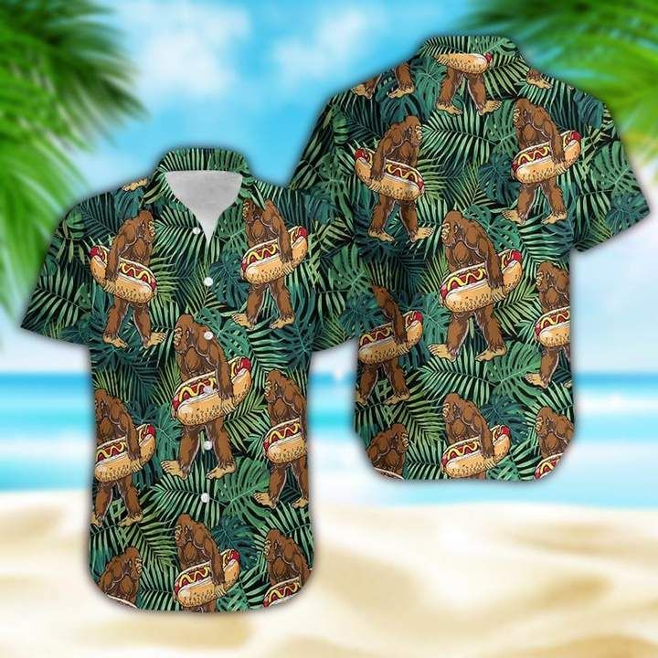 Tropical Bigfoot Carrying Hotdog Camping Hawaiian Aloha Shirt Unisex Shorts Sleeve Colorful Hw3155 Hawaiian Shorts Beach Short Sleeve{Size}