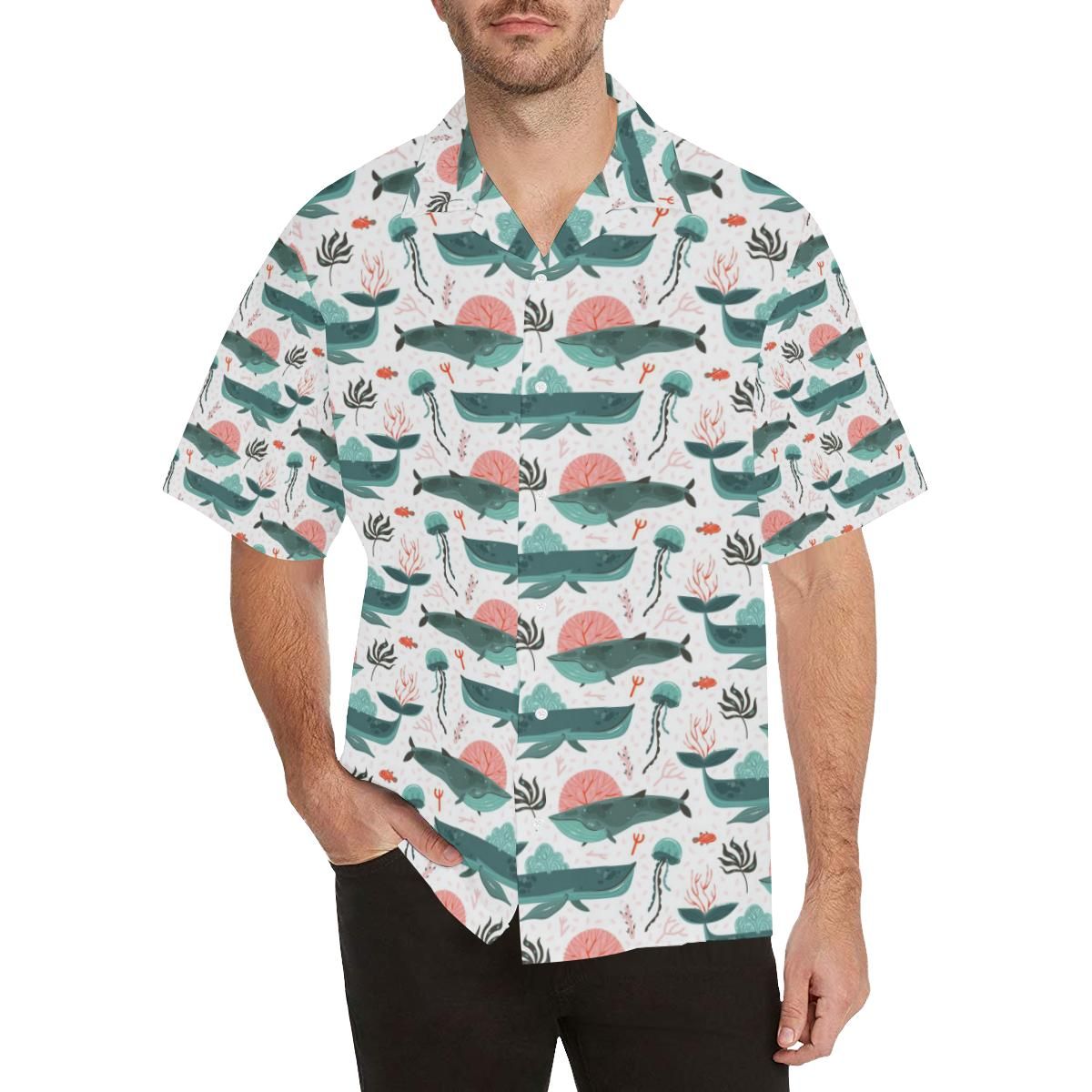 Whale Jelly Fish Pattern Men'S All Over Print Hawaiian Aloha Shirt Hawaiian Shorts Beach Short Sleeve{Size}