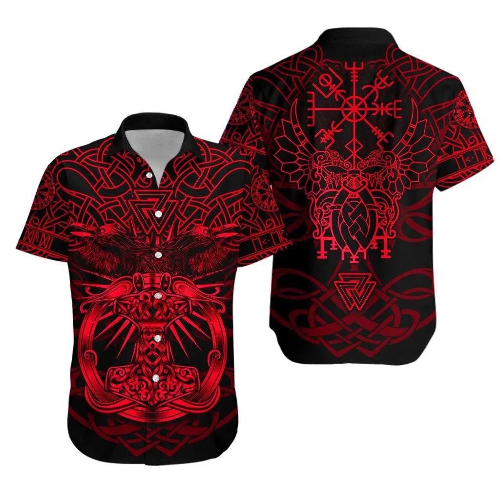 Vikings Mjolnir Celtic Raven Version Red Hawaiian Aloha Shirt Unisex Shorts Sleeve Colorful Hw3285 Hawaiian Shorts Beach Short Sleeve{Size}