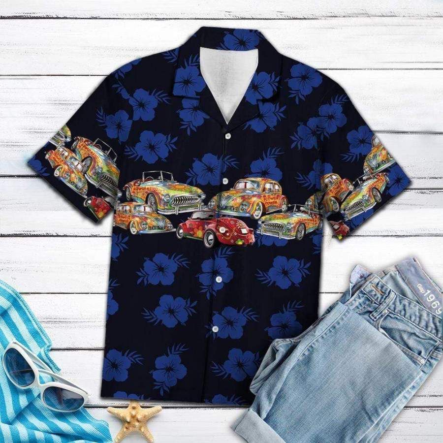 Vinatge Car Dark Blue Tropical Floral Hawaiian Aloha Aloha Shirts #Dh Hawaiian Shorts Beach Short Sleeve{Size}