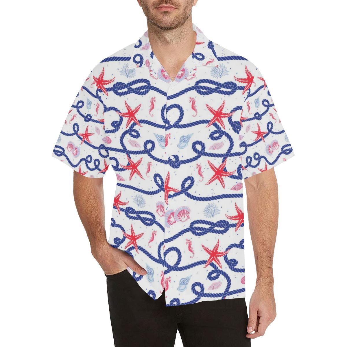 Starfish Shell Rope Pattern Men'S All Over Print Hawaiian Aloha Shirt Hawaiian Shorts Beach Short Sleeve{Size}