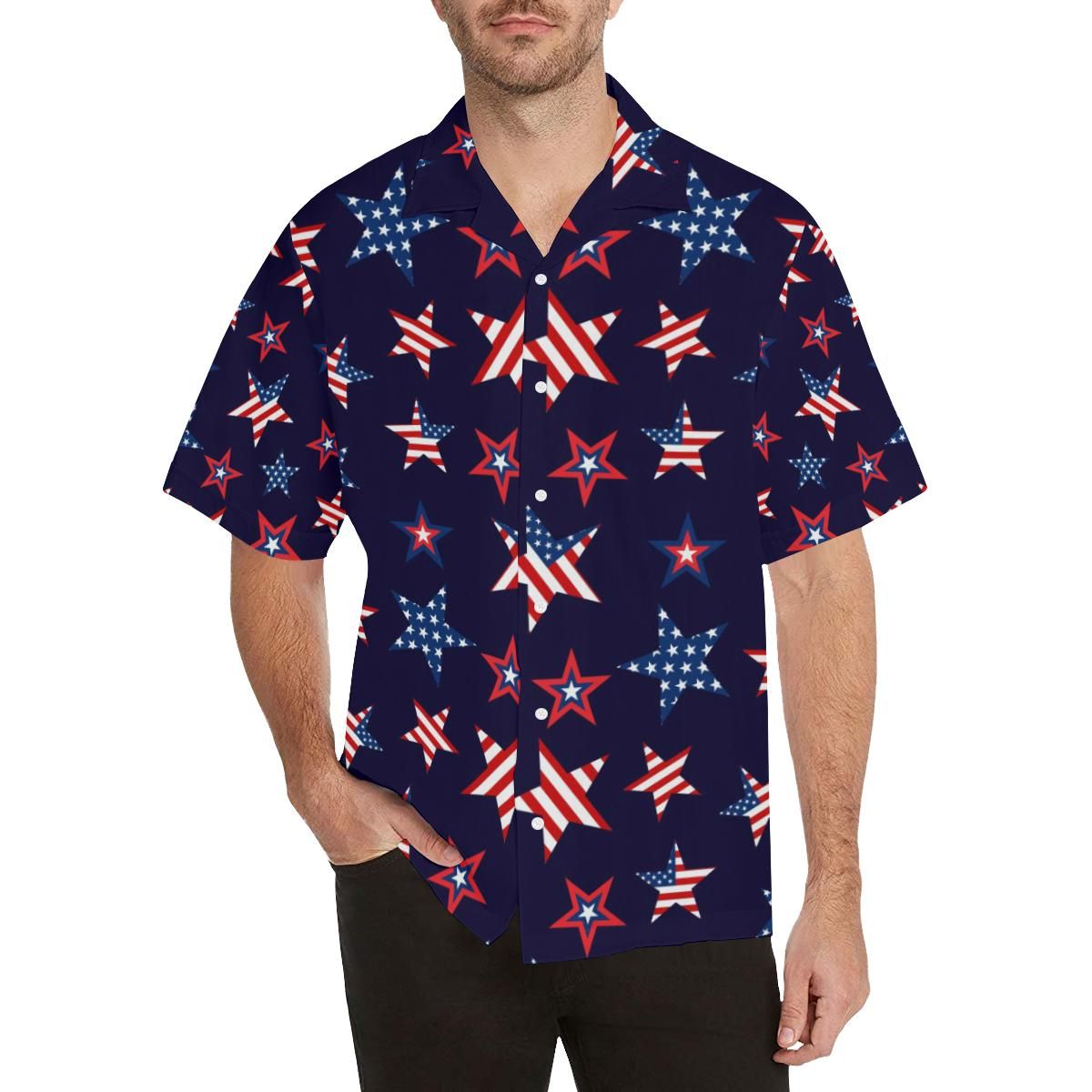 Usa Star Pattern Theme Men'S All Over Print Hawaiian Aloha Shirt Hawaiian Shorts Beach Short Sleeve{Size}