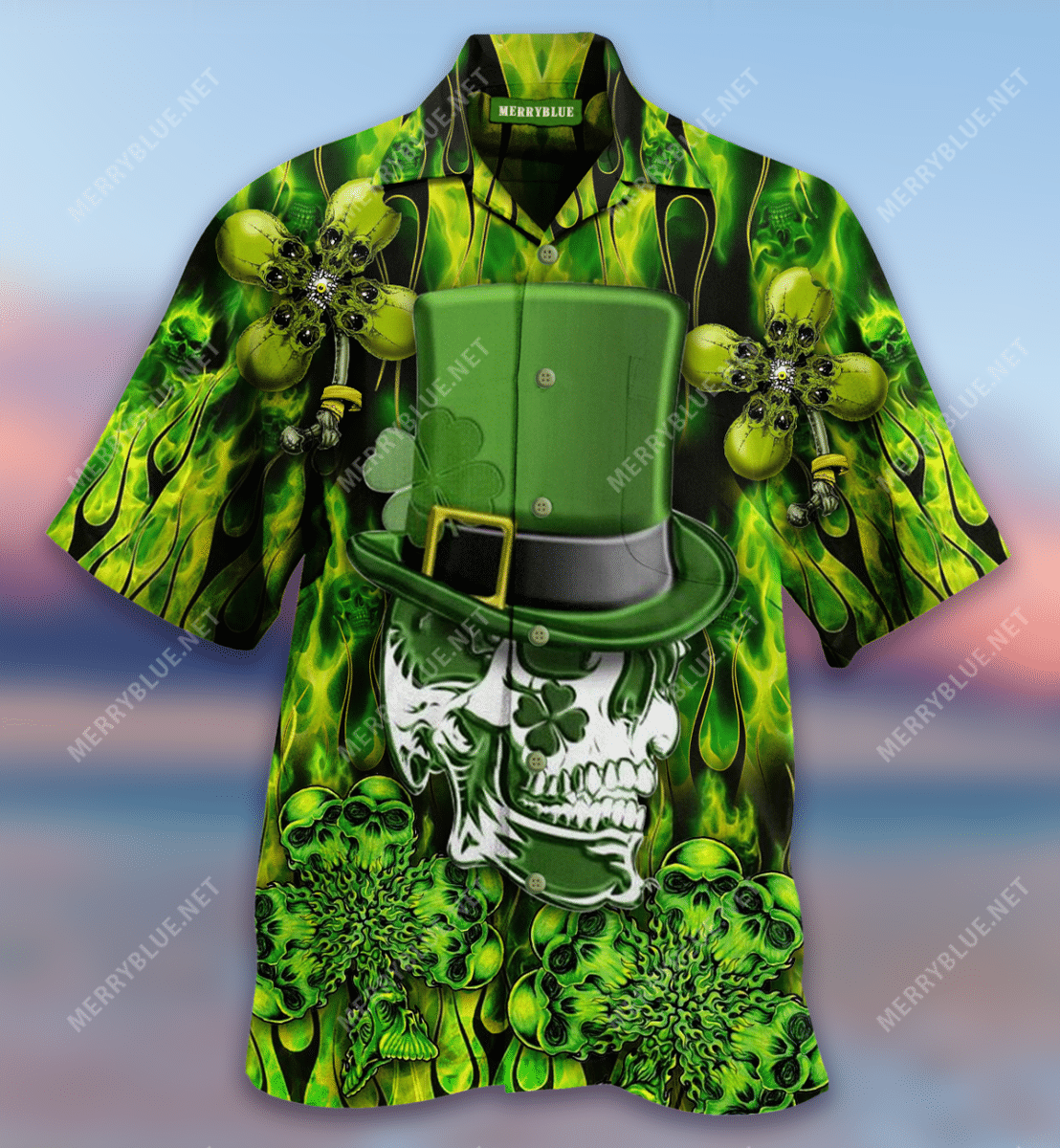 Skull Enjoys Saint Patrick's Day Hawaiian Aloha Shirt Hawaiian Shorts Beach Short Sleeve{Size}