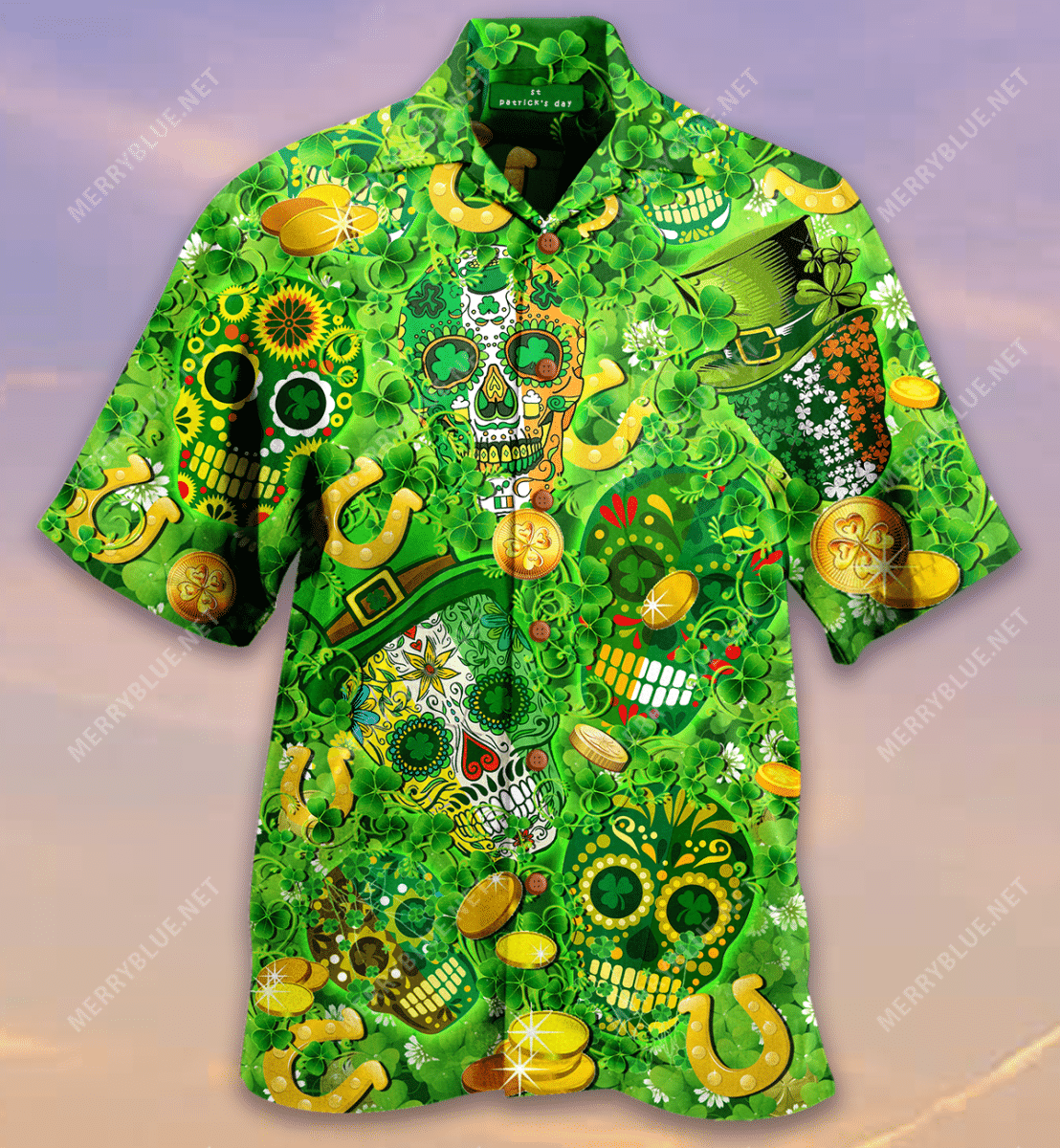 Sugar Skull St Patrick'S Day Hawaiian Aloha Shirt Hawaiian Shorts Beach Short Sleeve{Size}