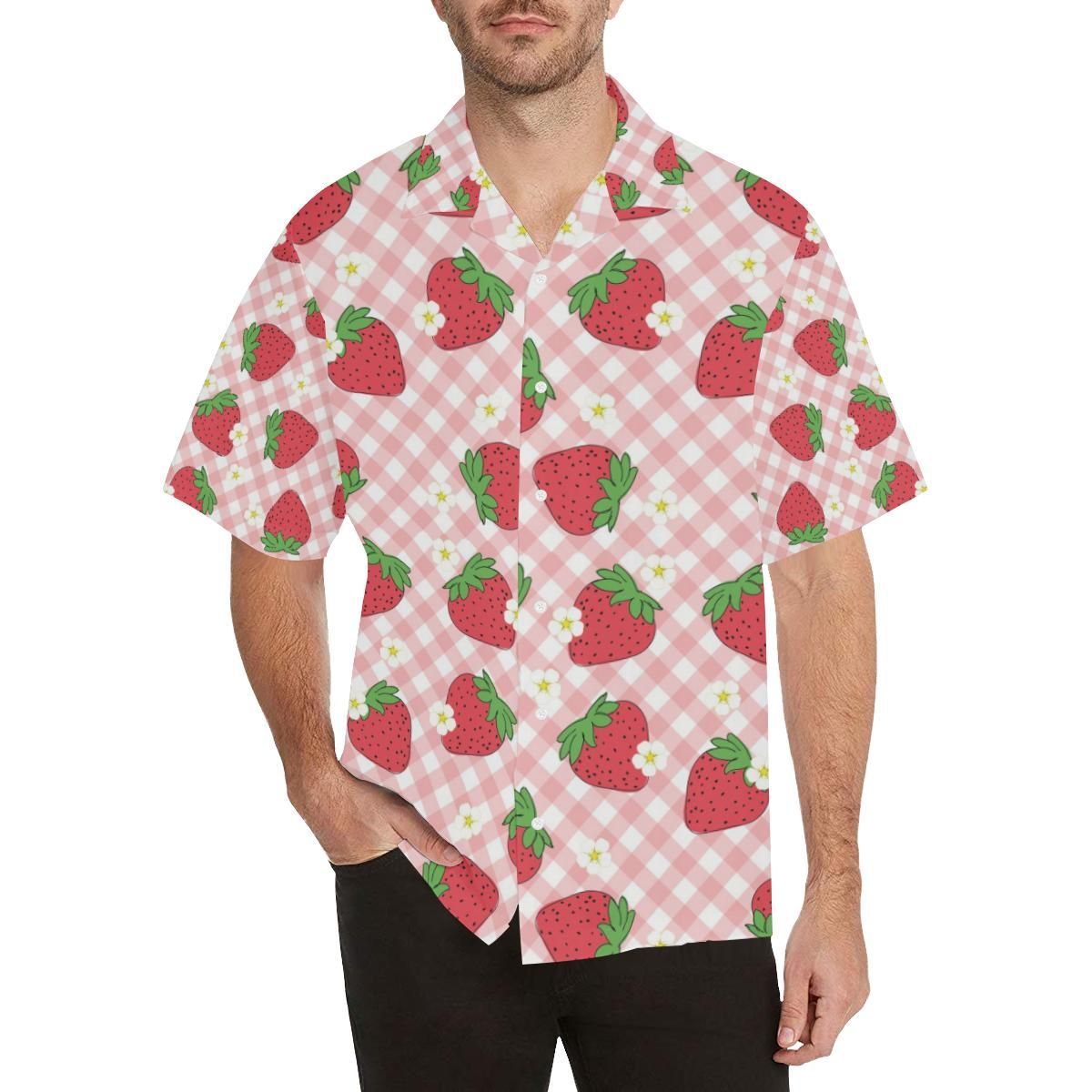 Strawberry Pattern Stripe Background Men'S All Over Print Hawaiian Aloha Shirt Hawaiian Shorts Beach Short Sleeve{Size}