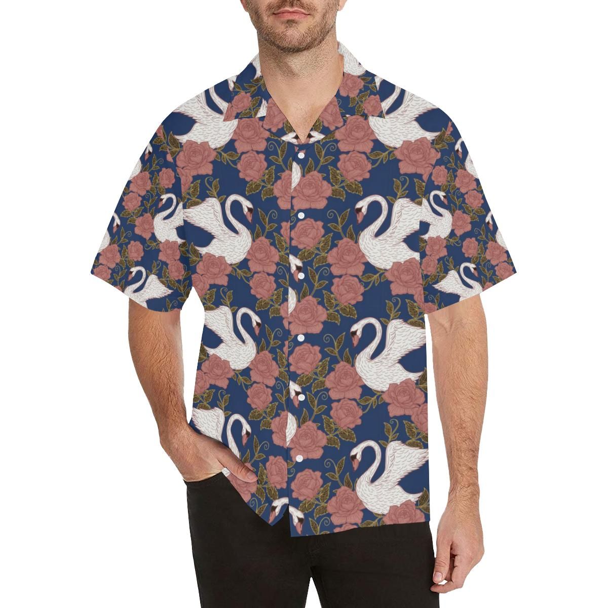 Swan Rose Pattern Men's All Over Print Hawaiian Aloha Shirt Hawaiian Shorts Beach Short Sleeve{Size}