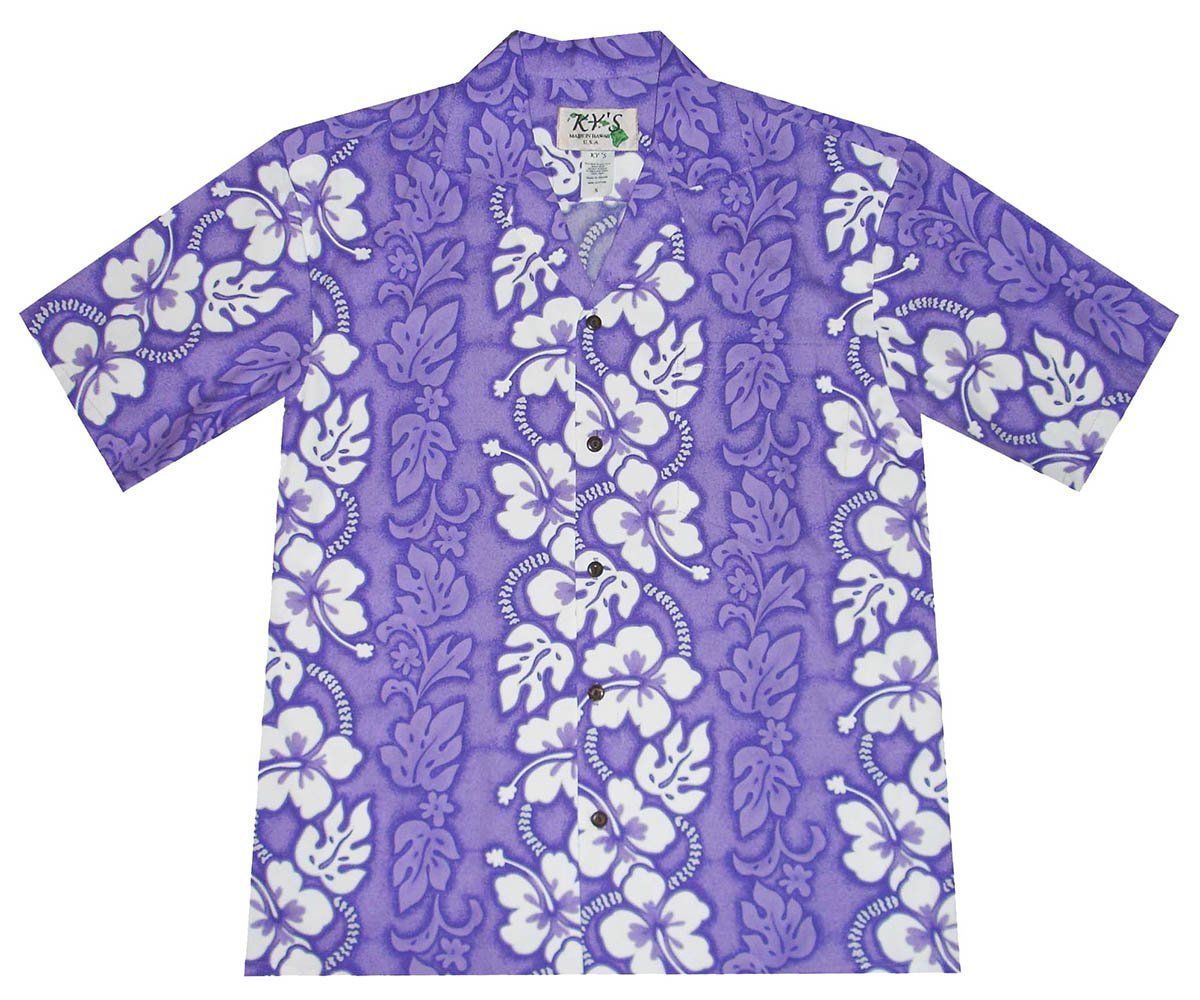 White Hibiscus Panel Purple Hawaiian Aloha Shirt Hawaiian Shorts Beach Short Sleeve{Size}