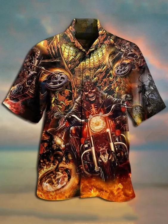 Skull Biker Hawaiian Aloha Shirt Unisex Shorts Sleeve Colorful Hw2803 Hawaiian Shorts Beach Short Sleeve{Size}