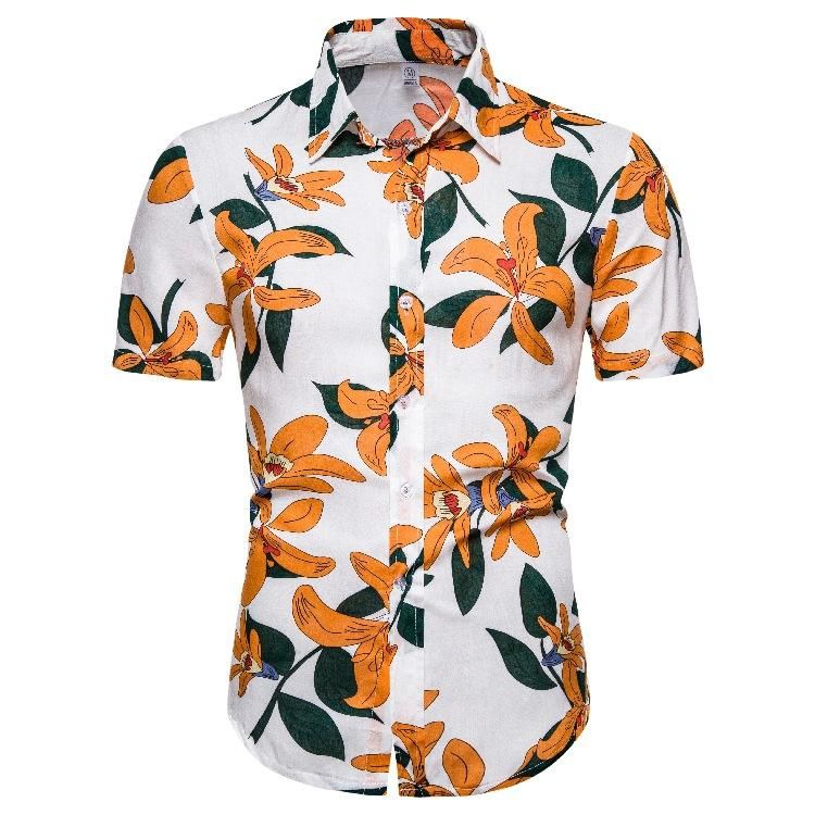 Yellow Hawaiian Aloha Floral Shirt Series Short Sleeved Lapel Shirts Hawaiian Shorts Beach Short Sleeve{Size}