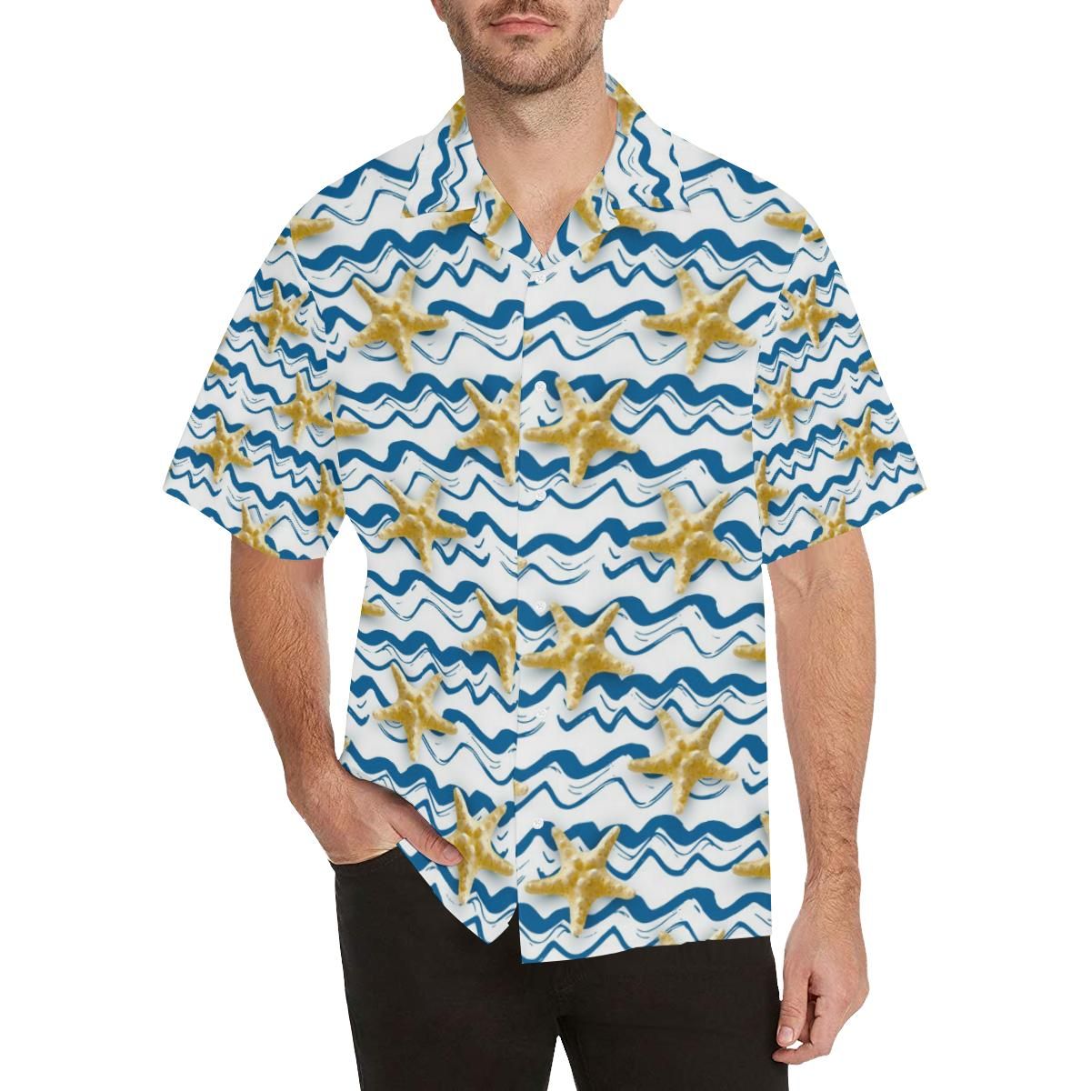 Starfish Pattern Men'S All Over Print Hawaiian Aloha Shirt Hawaiian Shorts Beach Short Sleeve{Size}