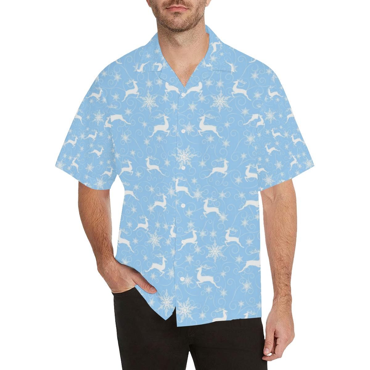 Snowflake Deer Pattern Men'S All Over Print Hawaiian Aloha Shirt Hawaiian Shorts Beach Short Sleeve{Size}