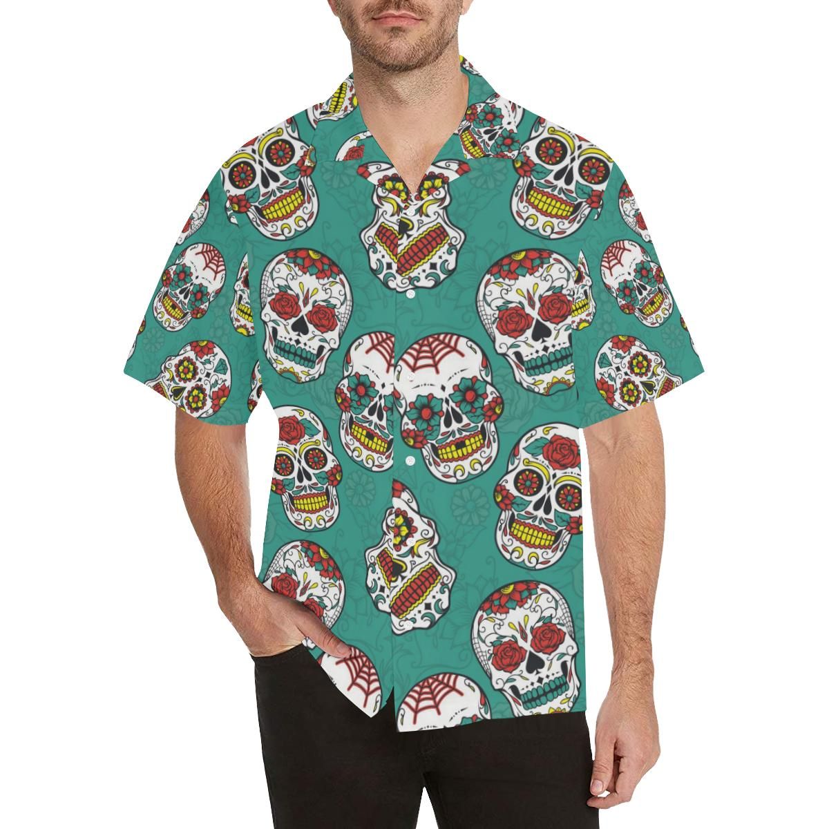 Suger Skull Pattern Green Background Men'S All Over Print Hawaiian Aloha Shirt Hawaiian Shorts Beach Short Sleeve{Size}