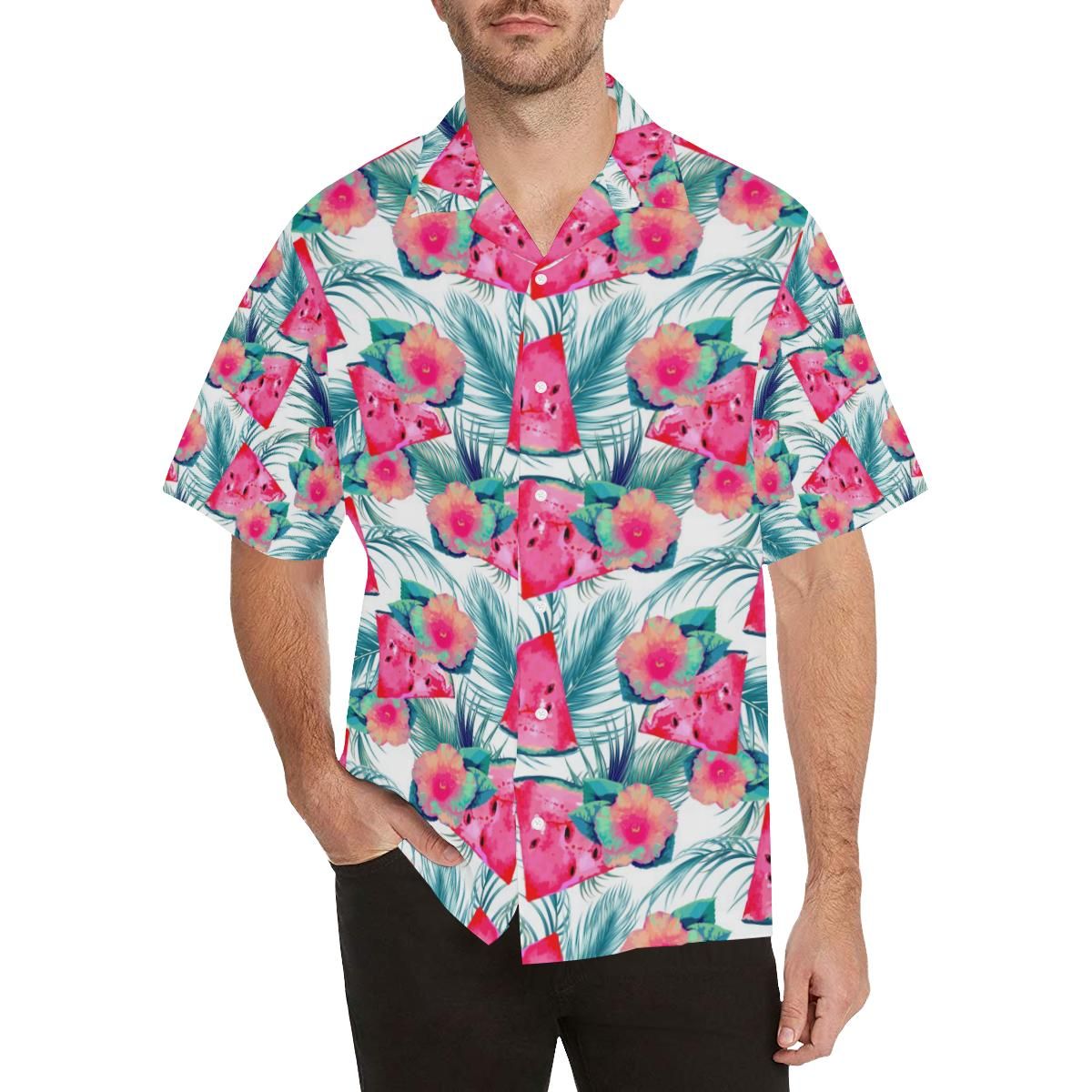 Watermelon Flower Pattern Men'S All Over Print Hawaiian Aloha Shirt Hawaiian Shorts Beach Short Sleeve{Size}