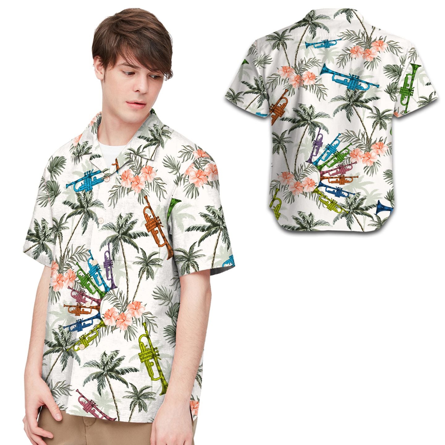 Trumpet Coconut Tree Hibiscus Men Hawaiian Shirt For Trumpeters This Summer{Size}