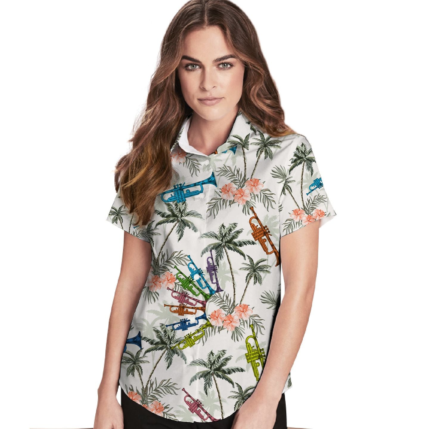 Trumpet Coconut Tree Hibiscus Women Hawaiian Shirt For Trumpeters This Summer{Size}