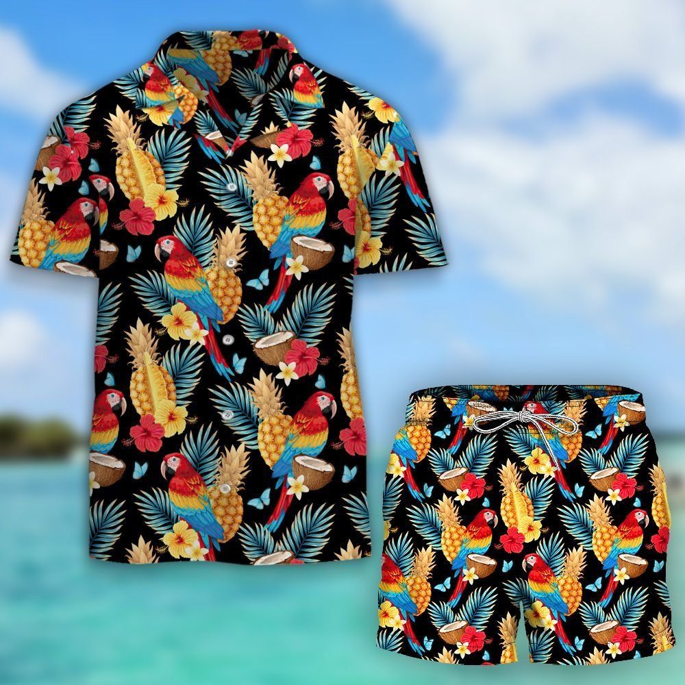 Summer Macaw And Fruits Hawaiian Aloha Shirt Hawaiian Shorts Beach Short Shirt{Size}