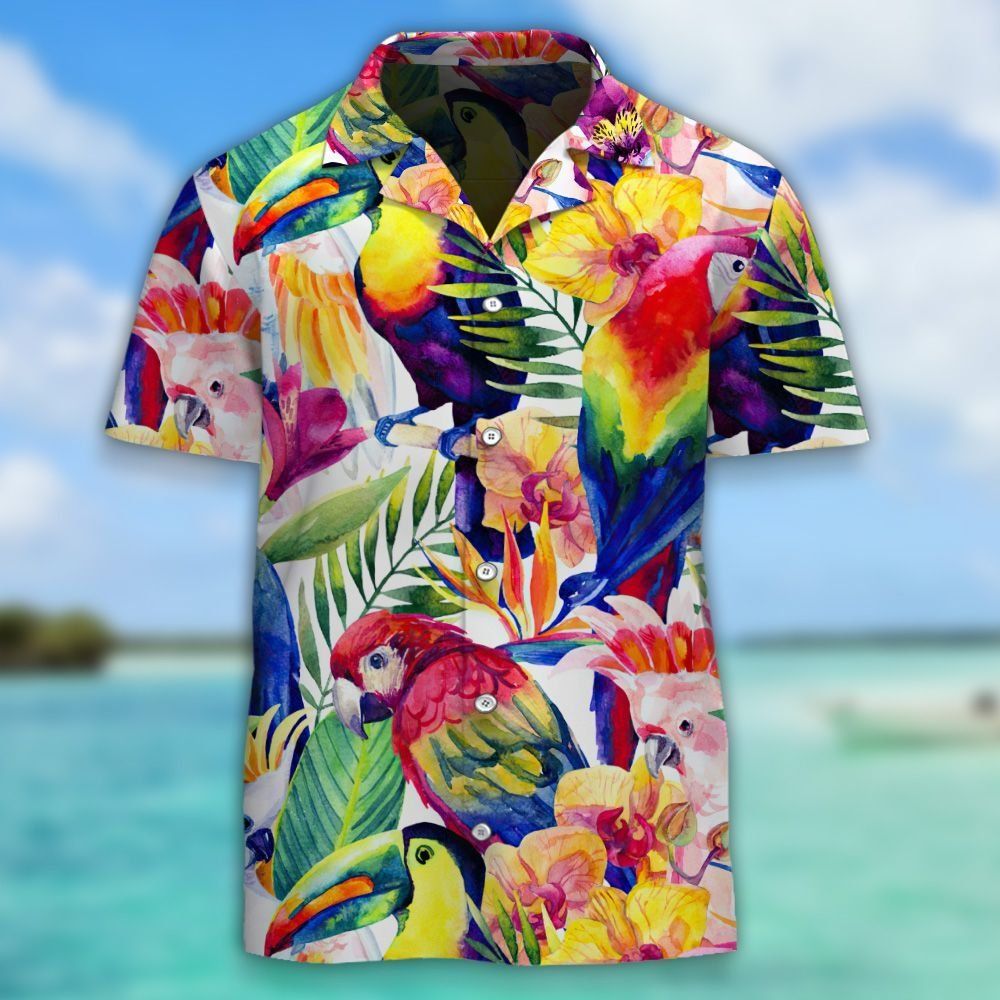 Watercolor Parrots With Tropical Flowers Hawaiian Aloha Shirt Hawaiian Shorts Beach Short Shirt{Size}