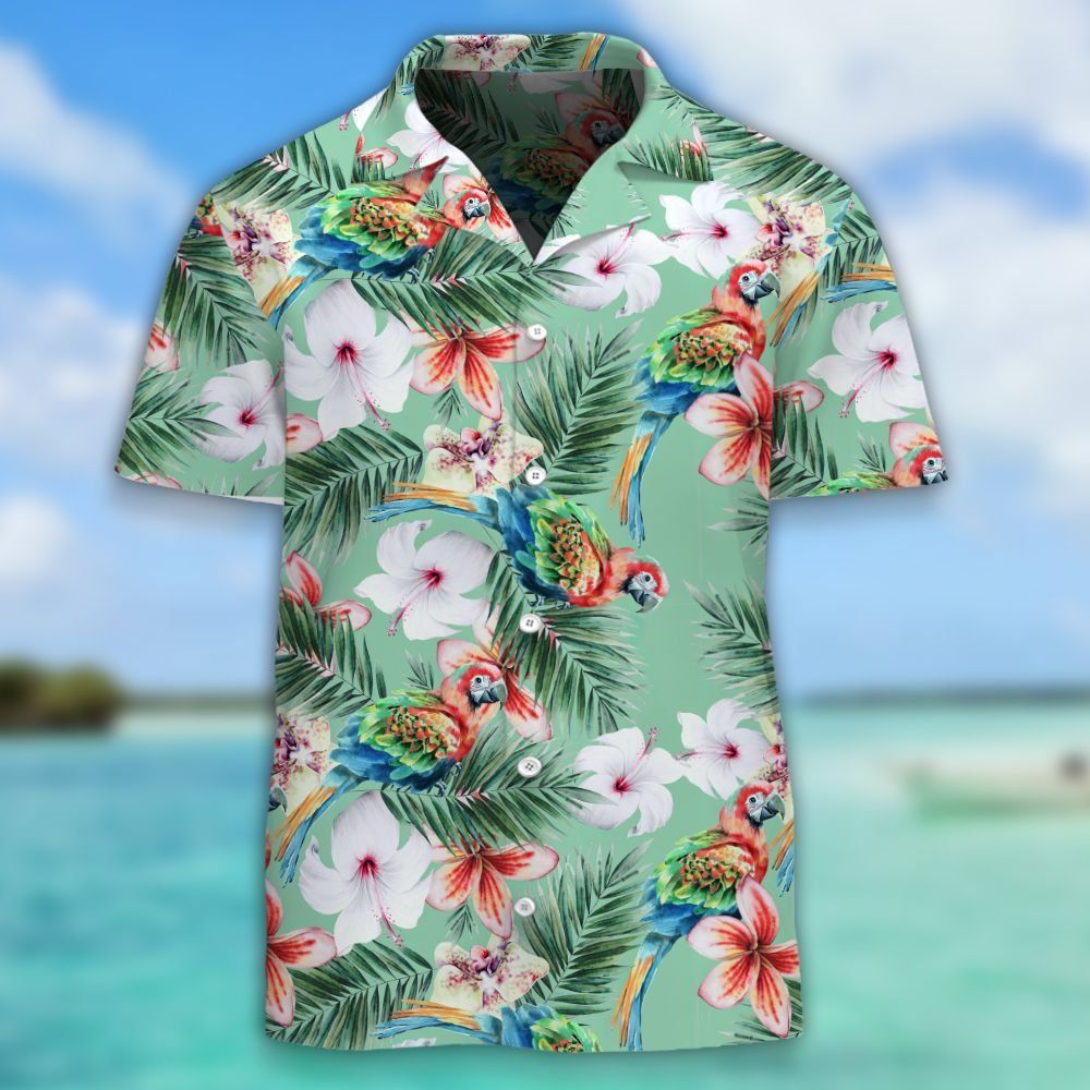 Watercolor Parrots And Hibiscus Palm Hawaiian Aloha Shirt Hawaiian Shorts Beach Short Shirt{Size}