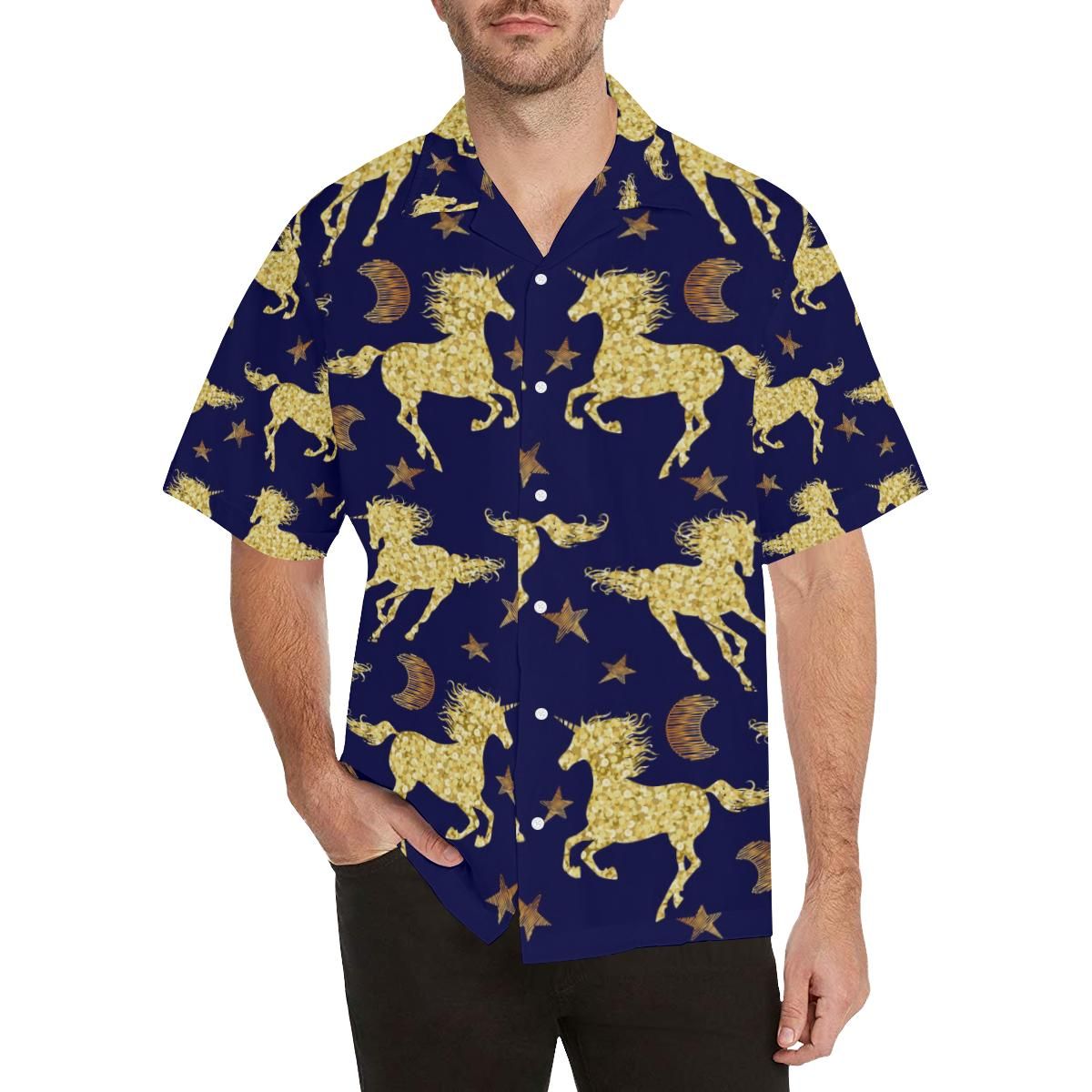 Unicorn Gold Pattern Menâs All Over Print Hawaiian Shirt{Size}