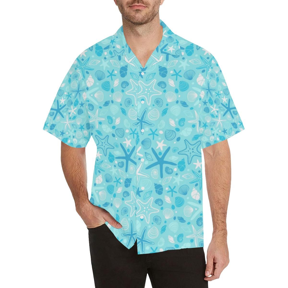 Starfish Shell Blue Theme Pattern Menâs All Over Print Hawaiian Shirt{Size}