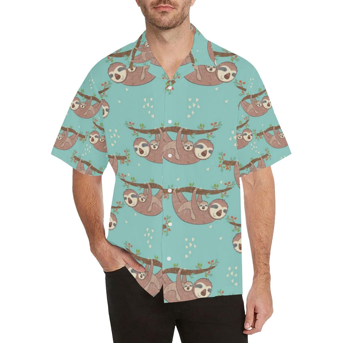 Sloth Mom And Baby Pattern Menâs All Over Print Hawaiian Shirt{Size}