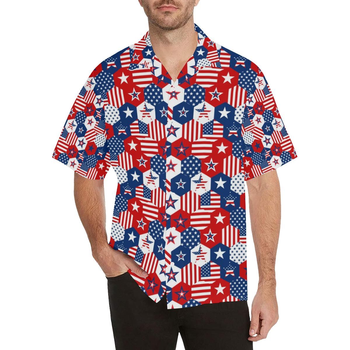 Usa Star Hexagon Pattern MenâS All Over Print Hawaiian Shirt{Size}