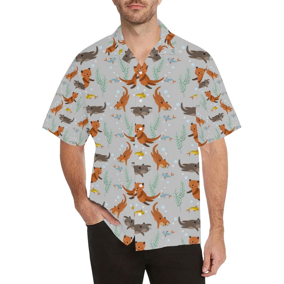 Swimming Fish Otter Pattern MenâS All Over Print Hawaiian Shirt{Size}