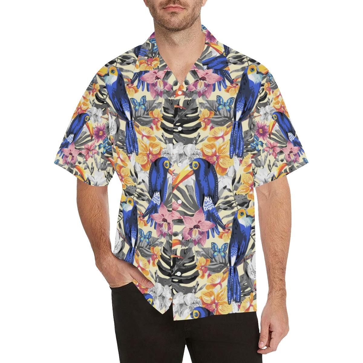 Toucan Leaves Flower Pattern MenâS All Over Print Hawaiian Shirt{Size}