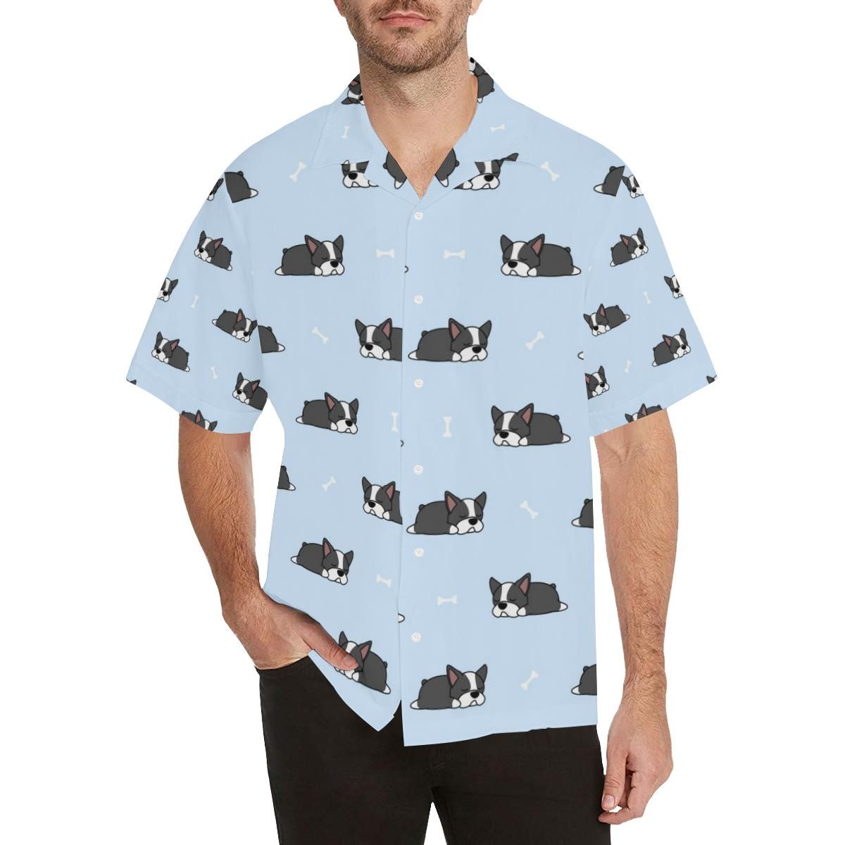 Sleep Boston Terrier Bone Pattern MenâS All Over Print Hawaiian Shirt{Size}