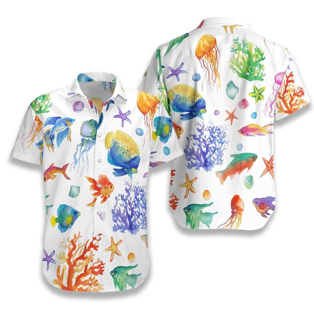 Watercolor Fish Under The Sea Hawaiian Aloha Shirts #H{Size}