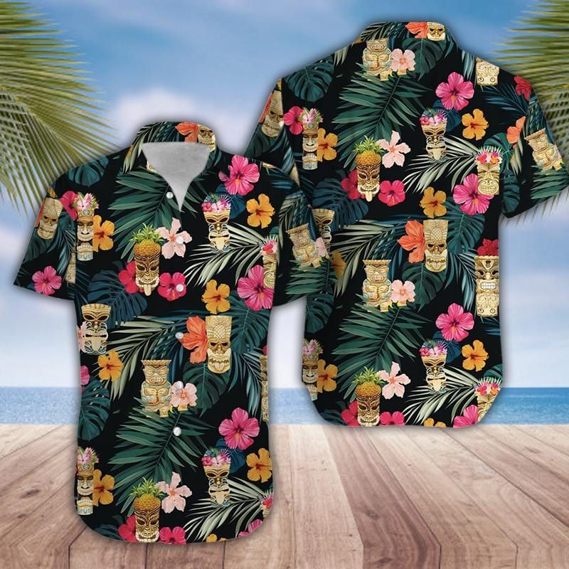 Simple Tiki Summer Vibe Tropical Green Black Unisex Hawaiian Shirts{Size}