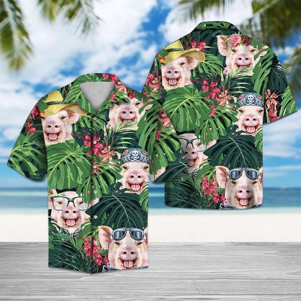 Tropical Flower And Cute Pig Hawaiian Shirts #Va{Size}