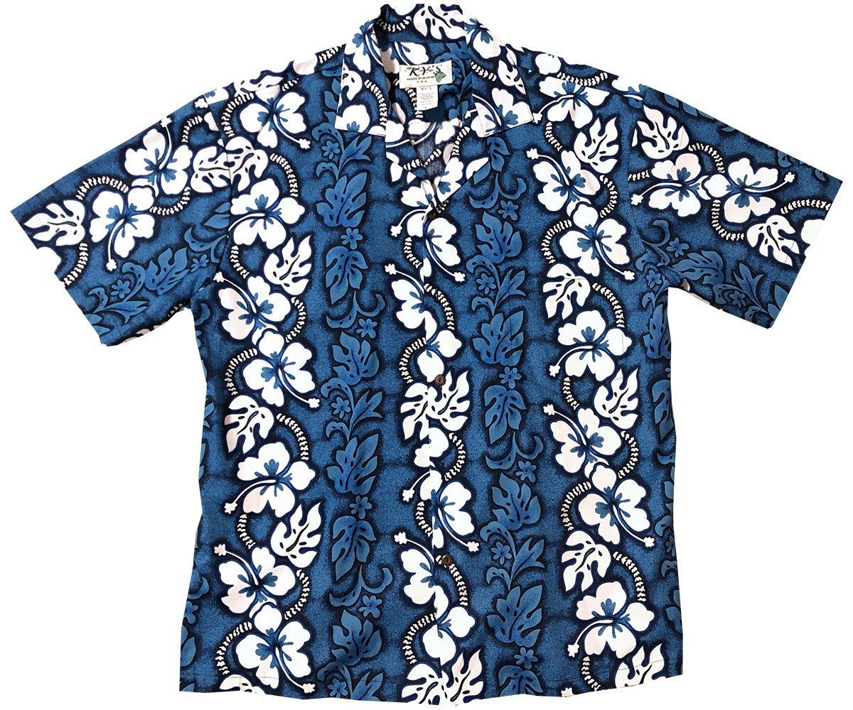 White Hibiscus Panel Blue Hawaiian Shirt{Size}