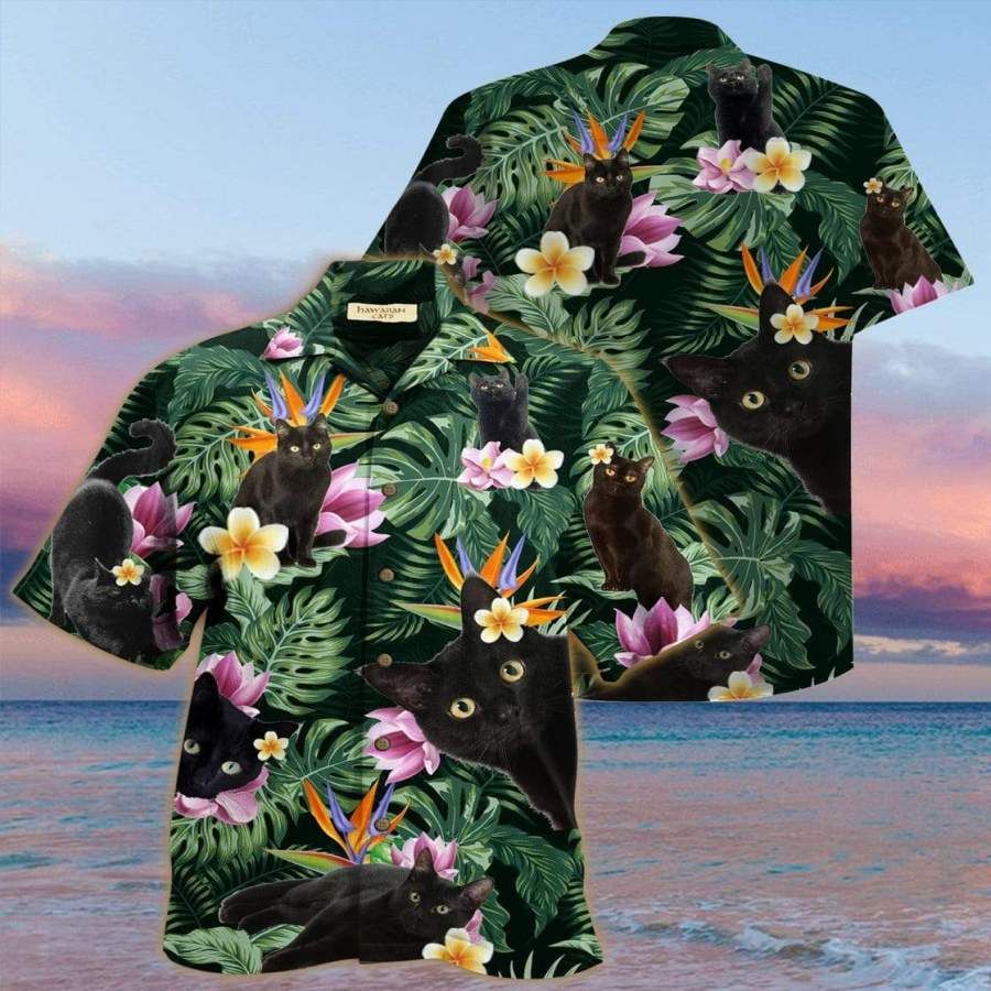 So Cute Black Cat Tropical Hawaiian Shirts{Size}