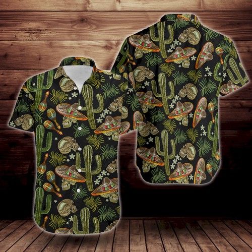 Skull Cactuses Pattern Short Sleeve Hawaiian Shirt{Size}