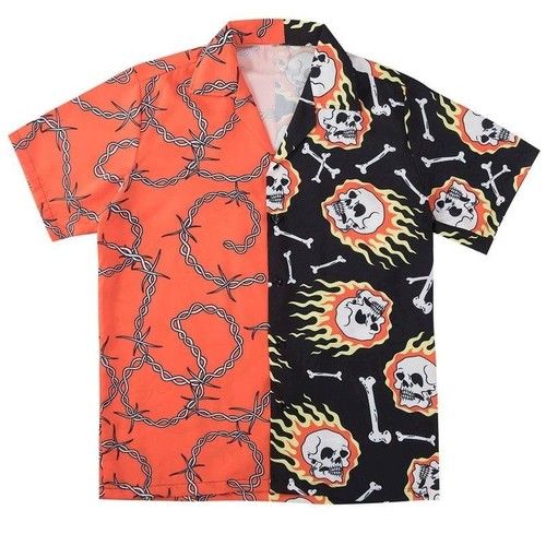 Skull Chain Print Hawaiian Casual Short Sleeve Button Down Shirt{Size}