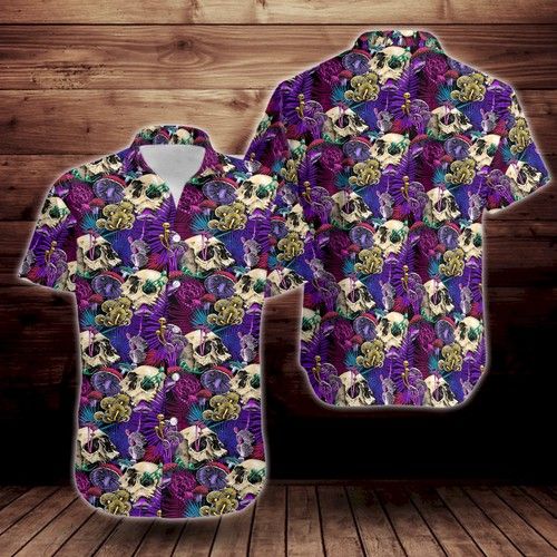 Skull Pattern Pattern Print Design Flower Short Sleeve Hawaiian Shirt{Size}