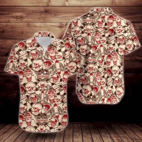 Skull Skateboard Short Sleeve Hawaiian Shirt{Size}