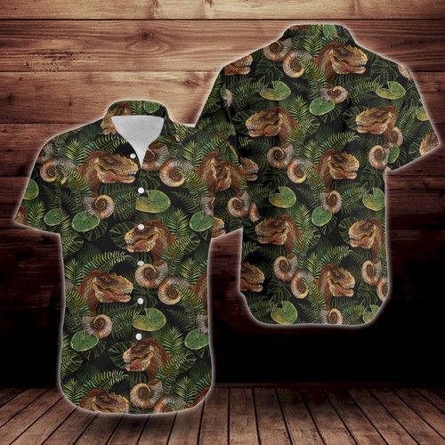 Tyrannosaurus Rex Ammonite Fossil Pattern Short Sleeve Hawaiian Shirt{Size}