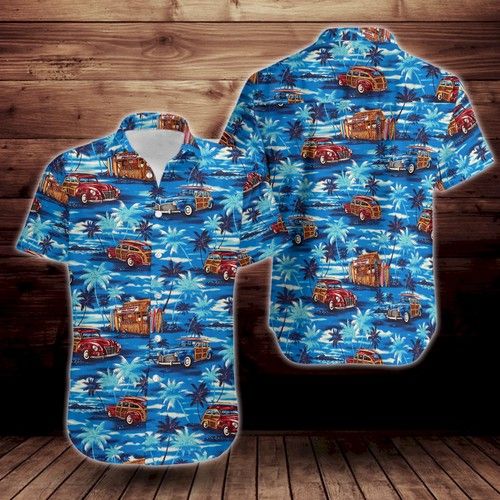 Vintage Car Beach Pattern Print Design Short Sleeve Hawaiian Shirt{Size}