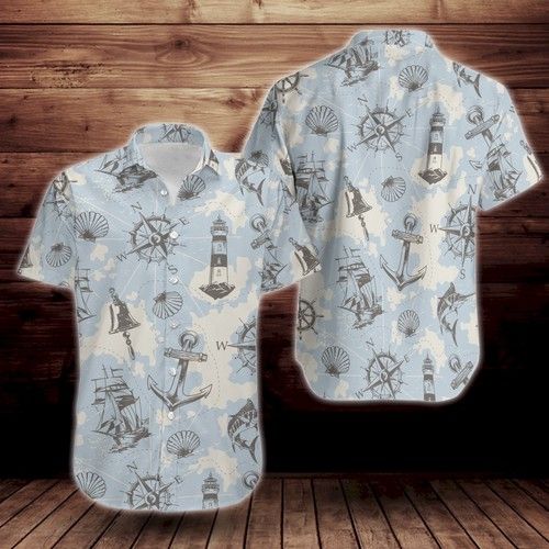 Vintage Nautical Print Pattern Short Sleeve Hawaiian Shirt{Size}