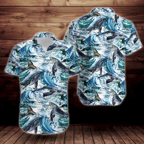 Whales Ocean Pattern Print Design Short Sleeve Hawaiian Shirt{Size}