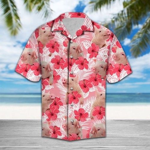 Tropical Flowers Hibiscus Pig Hawaiian Shirt Summer{Size}