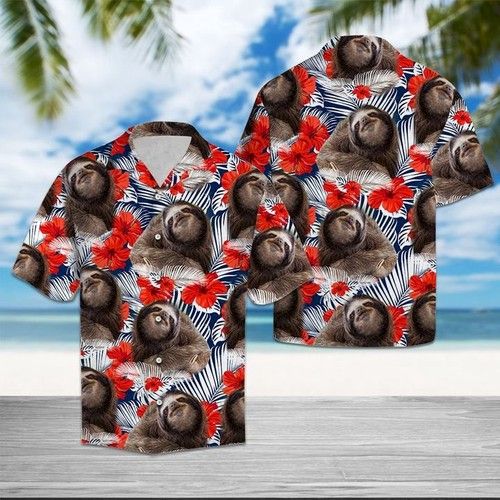 Sloth Hibiscus Flower Hawaiian Shirt Summer{Size}