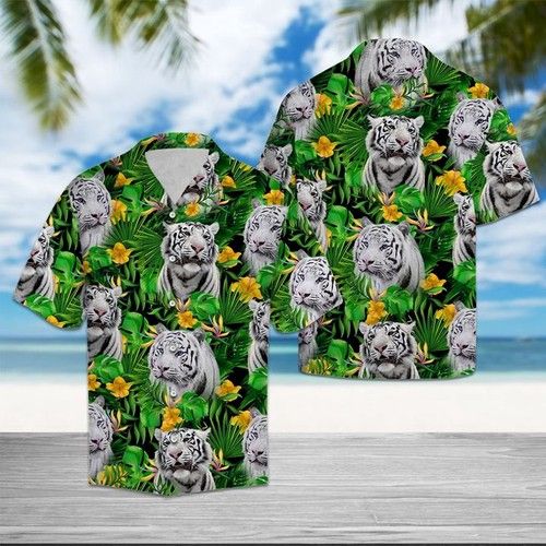 White Tiger Tropical Wild Flower Hawaiian Shirt Summer{Size}