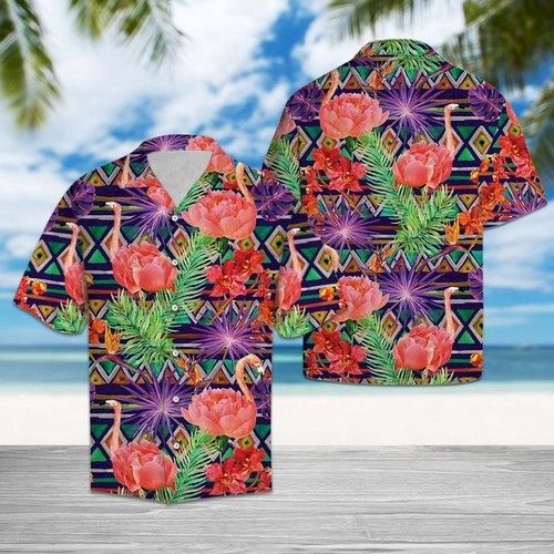 Tropical Leaves Flamingo Hawaiian Shirt Summer{Size}