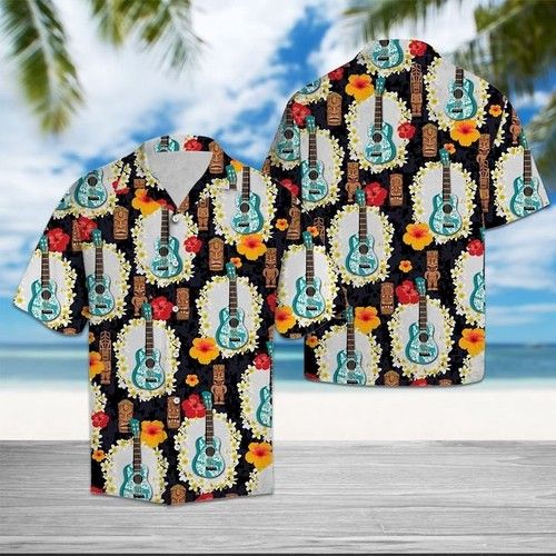 Ukulele Tiki Pattern Hawaiian Shirt Summer{Size}