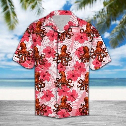 Tropical Flowers Hibiscus Octopus Hawaiian Shirt Summer{Size}