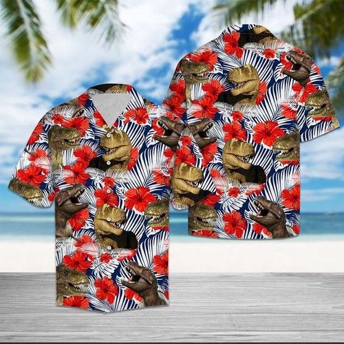 Trex Hibiscus Flower Hawaiian Shirt Summer{Size}