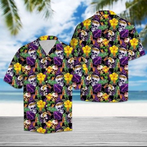 Skull Frangipani Flower Hawaiian Shirt Summer{Size}